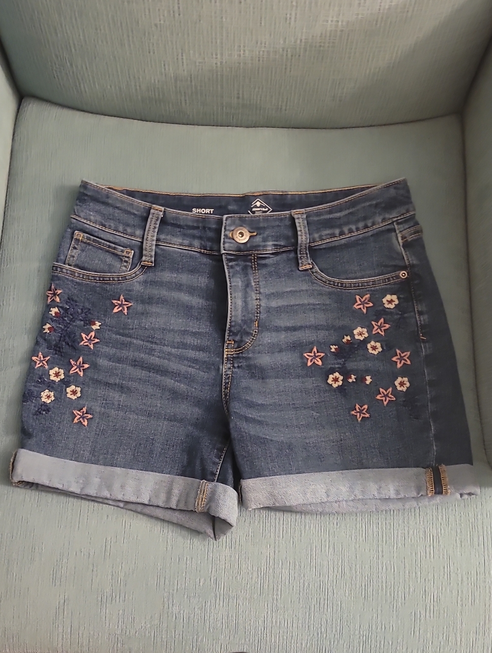 St. John's Bay Dark Blue Denim Shorts with Pink & Cream Floral Embroidery